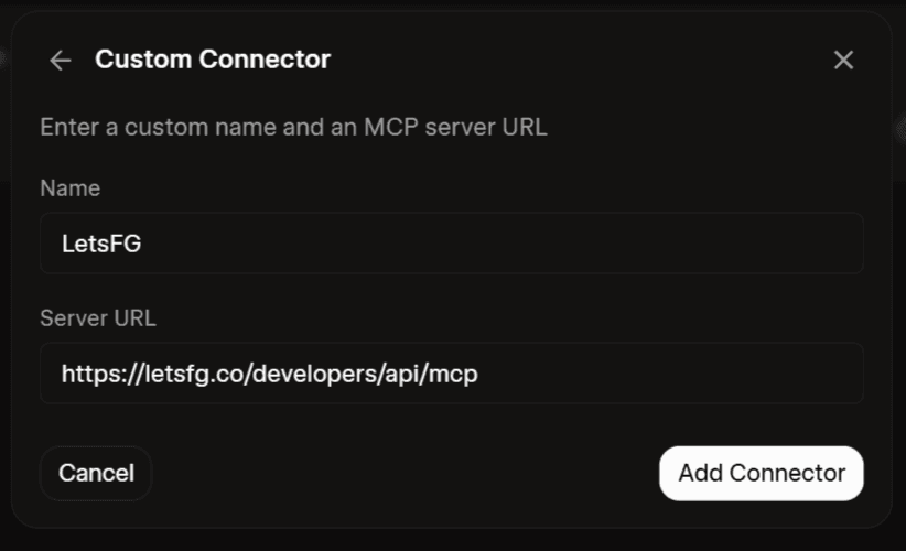 Grok's Custom Connector dialog, named LetsFG with the connector URL filled in